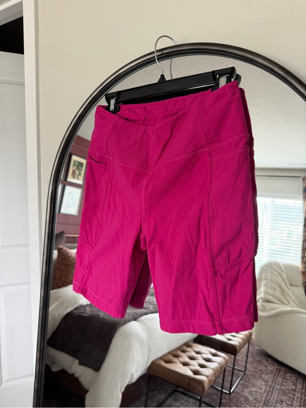 Mondetta Performance Luxury Ribbed Bike Shorts Magenta Pink High Waist Pockets